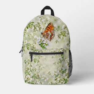 Oranje Vlinder op Delicate Witte Bloemen Bedrukte Rugzak