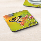 Oranje vlinder op roze bloesem ontwerp bier onderzetter (Linkerzijde)