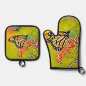 Oranje vlinder op roze bloesem ontwerp ovenwant & pannenlap set (Voorkant)