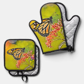 Oranje vlinder op roze bloesem ontwerp ovenwant & pannenlap set (Voorkant / Achterkant)