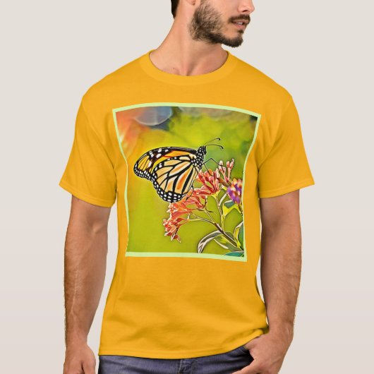 Oranje vlinder op roze bloesem ontwerp t-shirt (Voorkant)