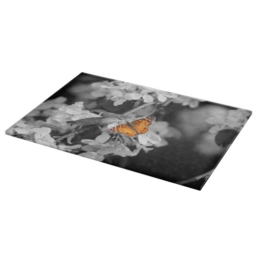 Oranje vlinder op snijplank (Hoek)