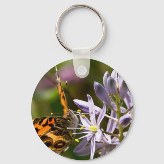 Oranje vlinder op Wilde Hyacinth Apparel & Gifts Sleutelhanger (Voorkant)