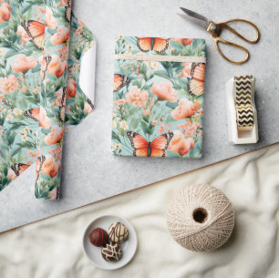 Oranje vlinder Oranje groene bloem Cadeaupapier