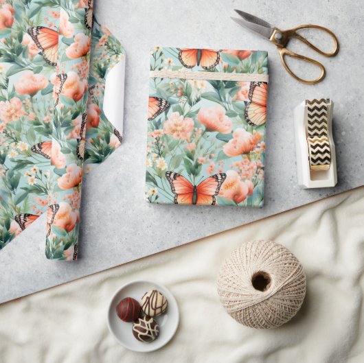 Oranje vlinder Oranje groene bloem Cadeaupapier (Crafts)