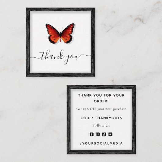 Oranje vlinderillustratie Bedankt Classic Vierkante Visitekaartje (Voorkant / Achterkant)