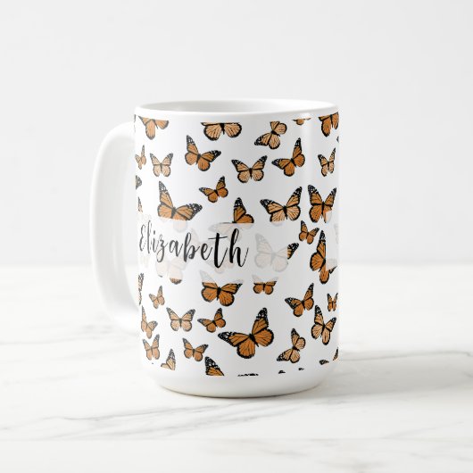 Oranje Vlinders Aangepaste Naam Koffiemok (Voorkant links)