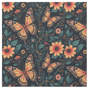 Oranje vlinders en bloemen stof