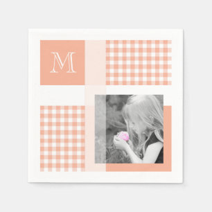 Oranje Voeg je foto Gingham Modern Monogram toe Servet