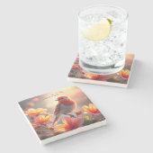 Oranje Vogel Bloem Stenen Onderzetter (Zijkant)