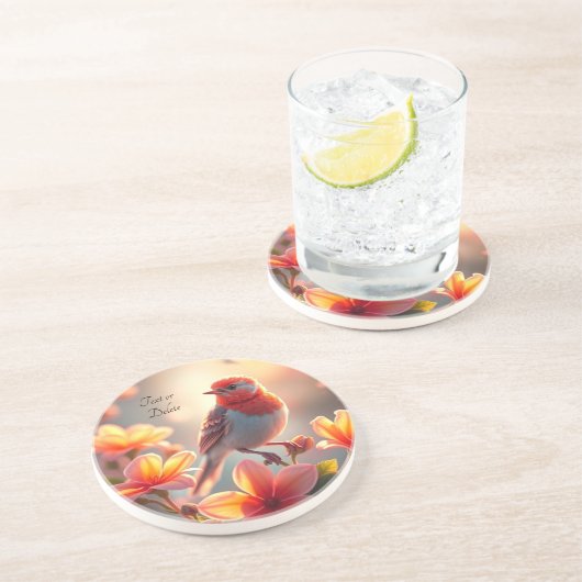 Oranje Vogel Bloemige Zandsteen Onderzetter (Zijkant)