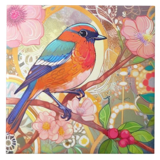 Oranje Vogel Girly Roze Spring Flower Bloemen Tegeltje (Voorkant)