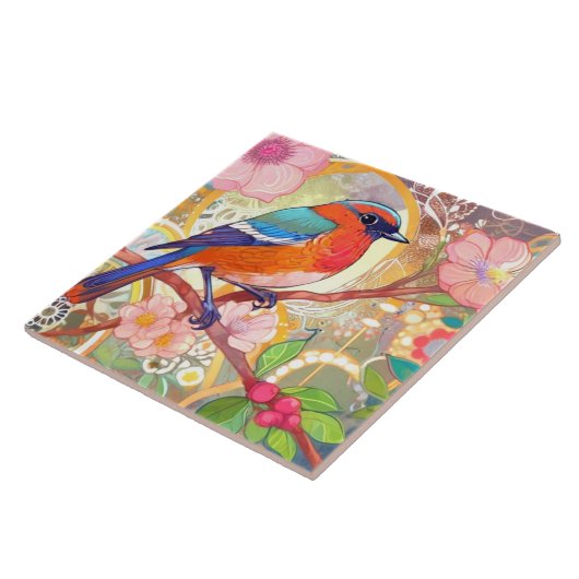 Oranje Vogel Girly Roze Spring Flower Bloemen Tegeltje (Zijkant)