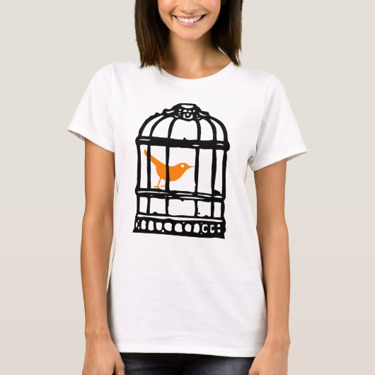 Oranje vogel in kooi, vogelkooi T-shirt (Voorkant)