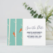 Oranje vogels op de afbeelding van de vogelboom save the date (Staand voorkant)