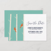 Oranje vogels op de afbeelding van de vogelboom save the date (Voorkant / Achterkant)