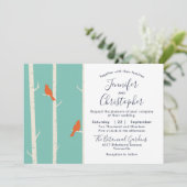 Oranje vogels op vogelboom, illustratie bruiloft kaart (Staand voorkant)