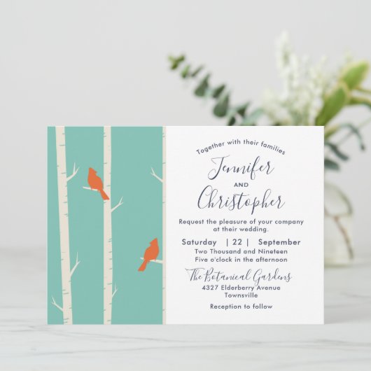 Oranje vogels op vogelboom, illustratie bruiloft kaart (Staand voorkant)