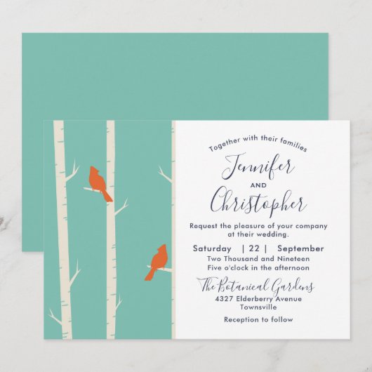 Oranje vogels op vogelboom, illustratie bruiloft kaart (Voorkant / Achterkant)