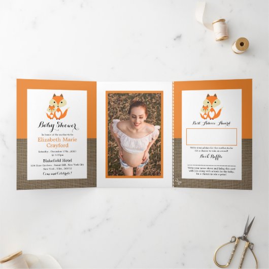 Oranje vos burlap, Baby shower suite Drieluik Uitnodiging (Binnen)