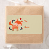 Oranje vos in kerstmuts Schattigee retro kerstcade Etiket (Insitu)