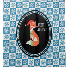 Oranje vos in Red Santa Hat Merry Kerstmis Douchegordijn