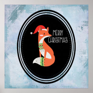 Oranje vos in Red Santa Hat Merry Kerstmis Poster