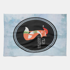 Oranje vos in Red Santa Hat Merry Kerstmis Theedoek