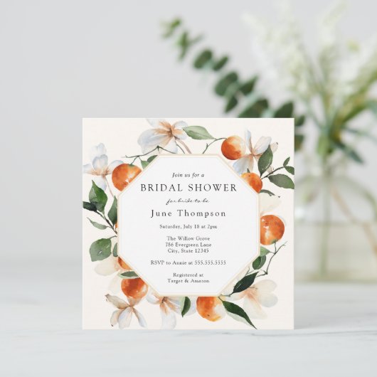 Oranje Vrijgezellenfeest van bloesems en clementin Kaart (Staand voorkant)