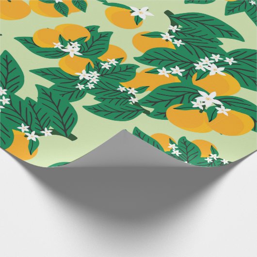  oranje vruchten met groene achtergrondnaadjes cadeaupapier (Hoek)