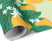 oranje vruchten met groene achtergrondnaadjes cadeaupapier (Rol Hoek)