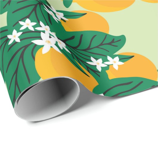  oranje vruchten met groene achtergrondnaadjes cadeaupapier (Rol Hoek)