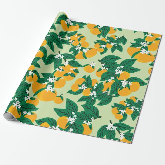 oranje vruchten met groene achtergrondnaadjes cadeaupapier (Uitgerold)