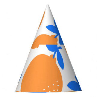 Oranje vruchten: prachtig blauw-getwijnd patroon. feesthoedjes