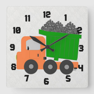 Oranje vuilniswagen vierkante klok