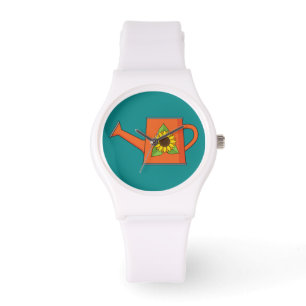 Oranje Watering Can met Zonnebloem Horloge