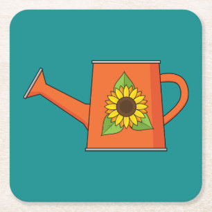 Oranje Watering Can met Zonnebloem Kartonnen Onderzetters