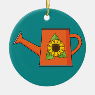 Oranje Watering Can met Zonnebloem Keramisch Ornament