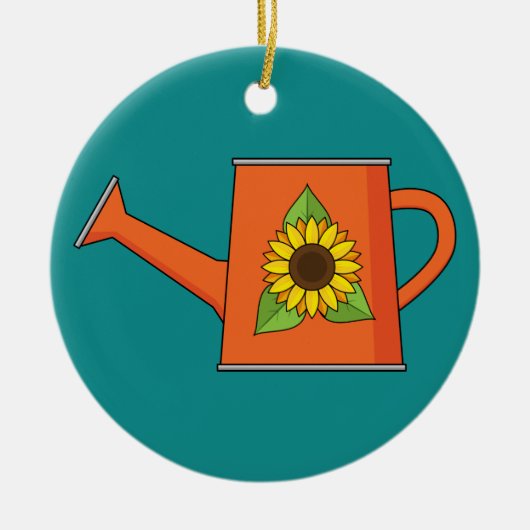 Oranje Watering Can met Zonnebloem Keramisch Ornament (Voorkant)