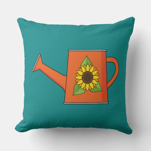 Oranje Watering Can met Zonnebloem Kussen (Voorkant)