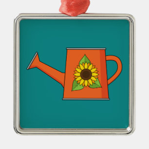 Oranje Watering Can met Zonnebloem Metalen Ornament
