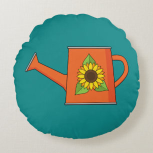 Oranje Watering Can met Zonnebloem Rond Kussen