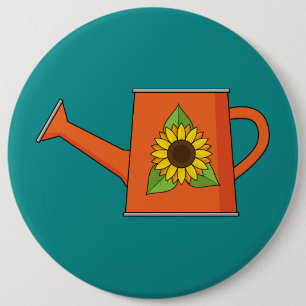 Oranje Watering Can met Zonnebloem Ronde Button 6,0 Cm