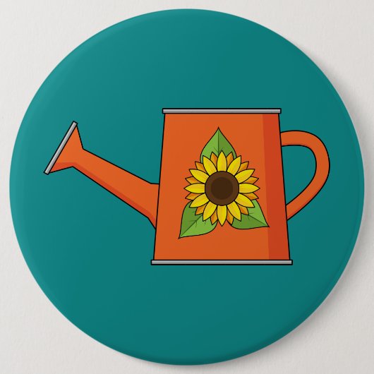 Oranje Watering Can met Zonnebloem Ronde Button 6,0 Cm (Voorkant)