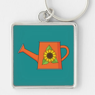 Oranje Watering Can met Zonnebloem Sleutelhanger