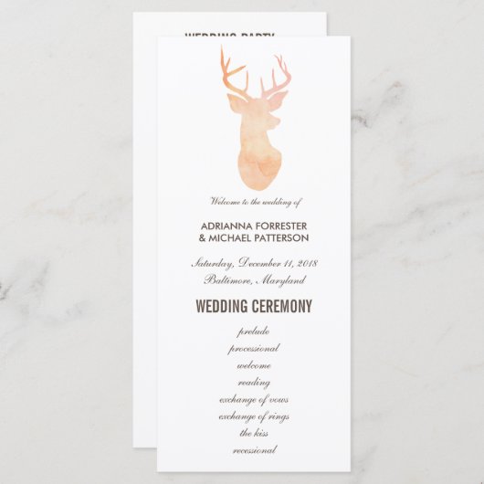 Oranje Waterverf Antler Wedding Modern programma Programmakaart (Voorkant / Achterkant)