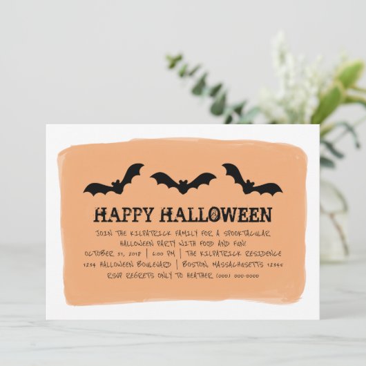 Oranje Waterverf Bats Halloween Party nodigt uit Kaart (Staand voorkant)