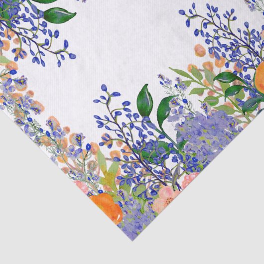 Oranje Waterverf Blauwe Floral Tissuepapier (Detail)