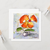 Oranje Waterverf Bloem Wenskaart Kaart (Voorkant / Achterkant in situ)