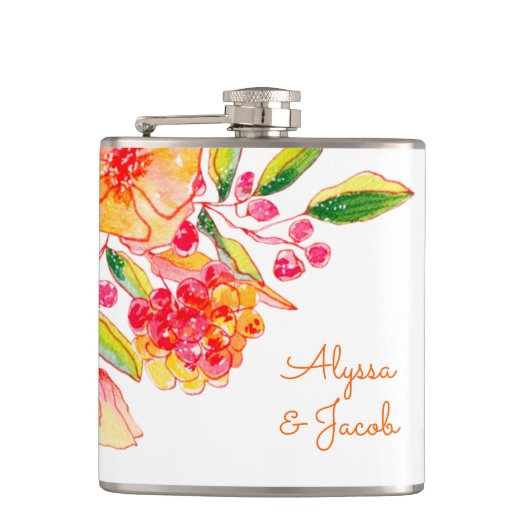  Oranje Waterverf Bloemen Aangepast Heupfles (Voorkant)